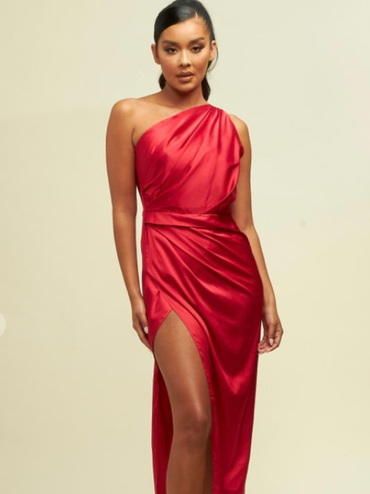 One Shoulder Satin Drape Dress