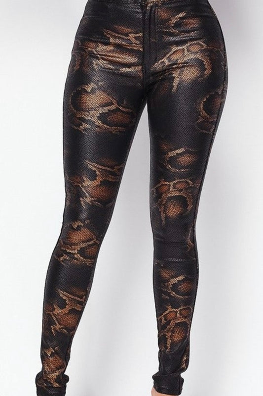 Metallic Snake Print Coated High Rise Stretch Pants