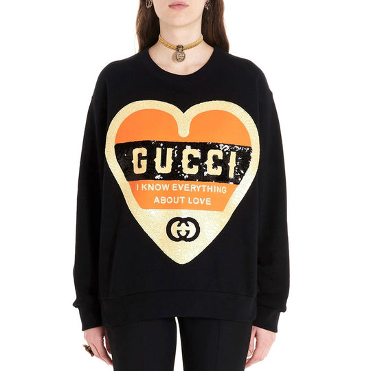 Women's GUCCI Double G Love Printing Round Neck Black Hoodie 469250 ...
