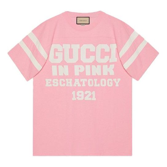 Women's GUCCI Round Neck Printing Short Sleeve Pink T-Shirt 655459 ...