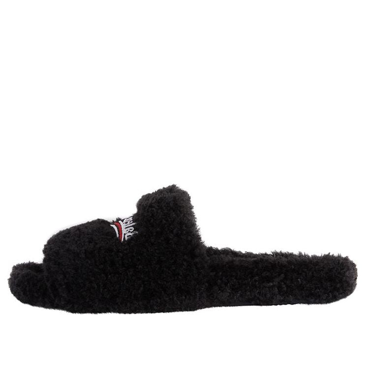 Balenciaga Campaign-logo Faux-shearling Slides In Black
