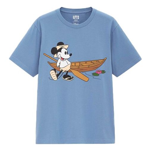 Uniqlo Disney Crossover Mickey Cartoon Printing Round Neck Pullover Short Sleeve Unisex Sky Blue 63 Kickscrew