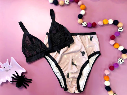 black cat triangle bralette and lilac cats high rise undies