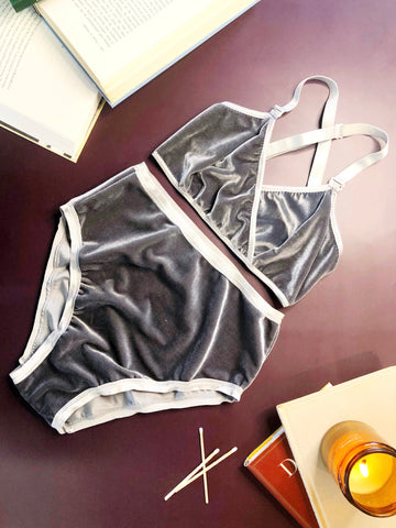 Silver Velvet Lingerie set on burgundy background