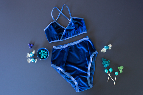 Blue Velvet Lingerie set on blue background