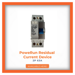 PoweRun Residual Current Device 2P 63A with push monthly test feature, 30mA sensitivity, and secure mounting setup, available for electrical safety enhancements.