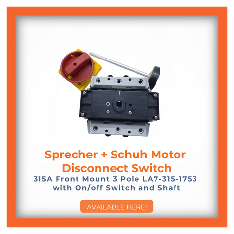 Sprecher + Schuh Motor Disconnect Switch 315A Front Mount 3 Pole LA7-315-1753 with on/off switch and shaft, available for order.