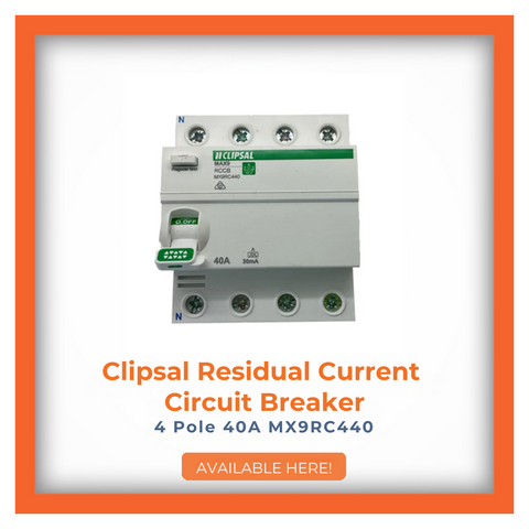 Clipsal Residual Current Circuit Breaker 4 Pole 40A MX9RC440, designed for optimal electrical safety, ready for easy installation.