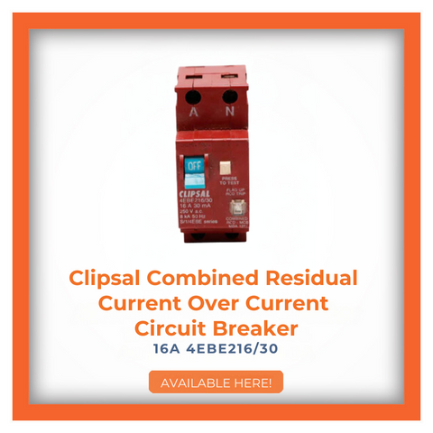 Clipsal Combined Residual Current Over Current Circuit Breaker 16A 4EBE216/30 offering dual protection in a compact design for electrical safety.