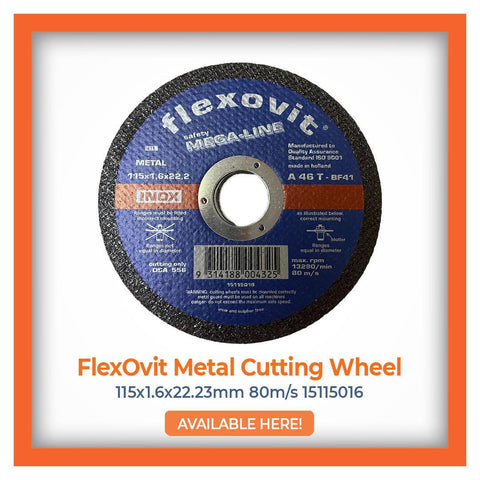 FlexOvit Metal Cutting Wheel, iron-free 115x1.6x22.23mm with 80m/s speed for precise metalwork, available for efficient cutting solutions.
