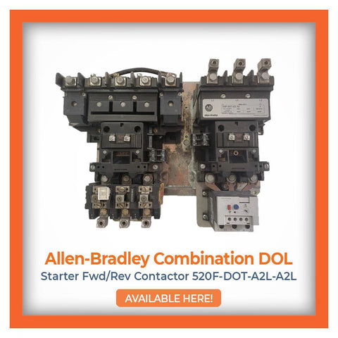 Promotional image of an Allen-Bradley Combination DOL Starter with a forward/reverse contactor, featuring a clickable 'Available Here' button for easy purchase.