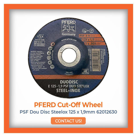 PFERD Germany cut-off wheel, PSF Duo Disc Steelox 125 x 1,9mm for precision metal cutting, available for order with contact information.