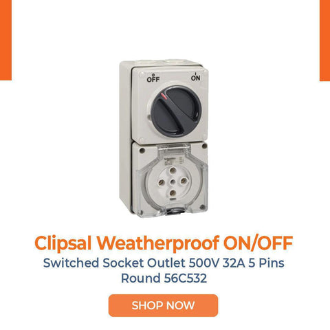 Clipsal Weatherproof ON/OFF Switched Socket Outlet 500V 32A 5 Pins Round 56C532