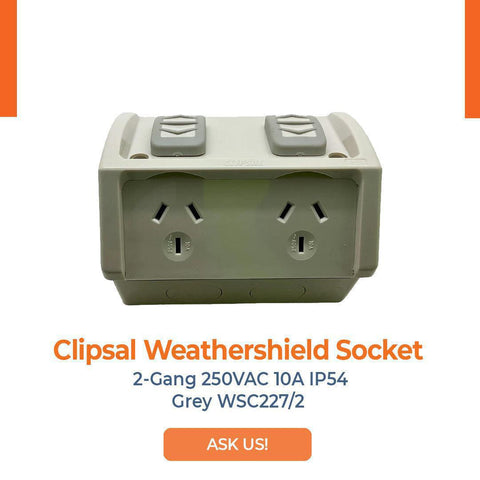 Clipsal Weathershield Socket 2-Gang 250VAC 10A IP54 Grey WSC227/2