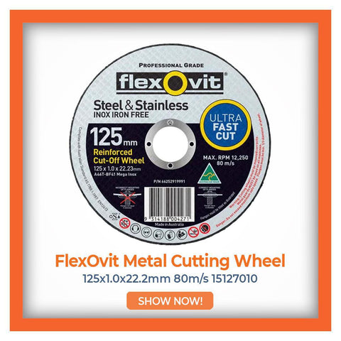 FlexOvit professional-grade metal cutting wheel for steel and stainless, 125x1.0x22.2mm with ultra-fast cutting feature, showcased for online shopping.