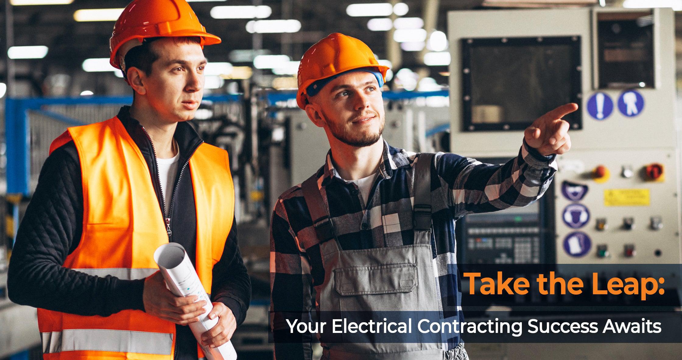 Two electricians in safety gear discussing project details in a manufacturing plant, highlighting the collaborative aspect of electrical contracting business.