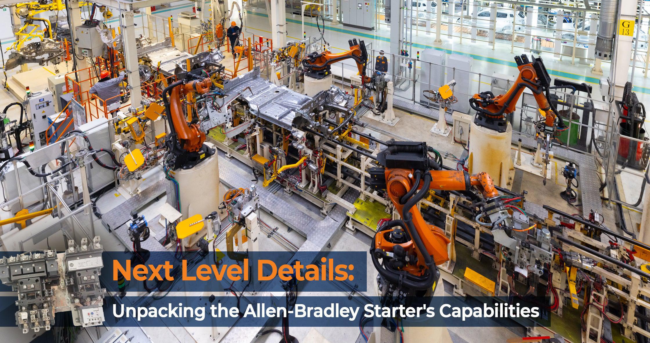 Automated assembly line with multiple orange robotic arms operating machinery, highlighting the efficiency of the Allen-Bradley Starter in industrial automation.