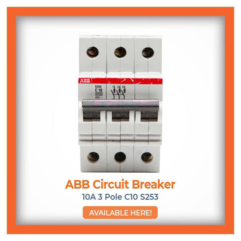 ABB Circuit Breaker 10A 3 Pole C10 S253 with call to action stating 'Available Here!