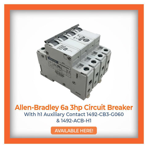 The Allen-Bradley 6a 3hp Circuit Breaker with h1 Auxiliary Contact 1492-CB3-G060 & 1492-ACB-H1, available for purchase.