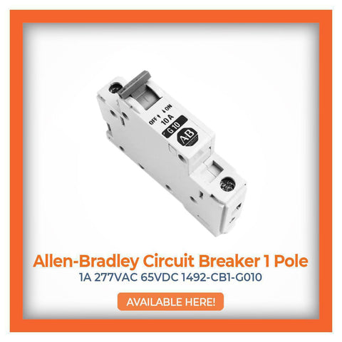 Allen-Bradley Circuit Breaker 1 Pole 1A 277VAC 65VDC 1492-CB1-G010 with a call to action for availability.