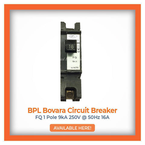 BPL Bovara Circuit Breaker featuring 1 Pole 9kA 250V at 50Hz with a 16A capacity, highlighted with availability for efficient power management.