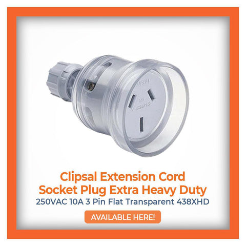 Clipsal Extension Cord Socket Plug Extra Heavy Duty 250VAC 10A 3 Pin Flat Transparent 438XHD, with a direct "AVAILABLE HERE!" link for purchase.