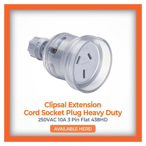 Clipsal Extension Cord Socket Plug Heavy Duty, 250VAC 10A 3 Pin Flat 438HD, marked "AVAILABLE HERE!" for secure and durable power connections.