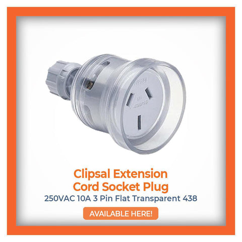 Clipsal Extension Cord Socket Plug, 250VAC 10A with 3 Pin Flat design in transparent build, highlighted as "AVAILABLE HERE!" for easy purchase.