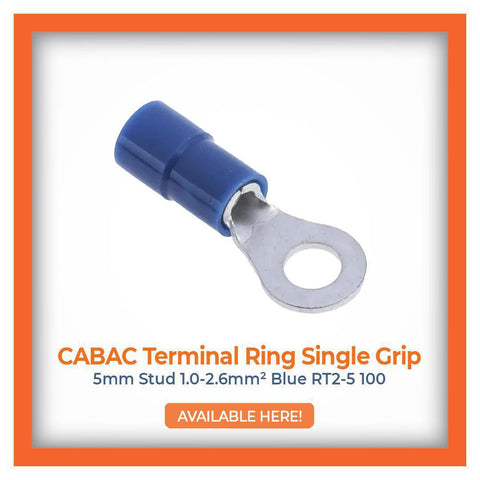 CABAC Terminal Ring Single Grip 5mm Stud 1.0-2.6mm² Blue RT2-5 100 with purchase link, essential for electrical connections.