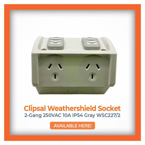 Clipsal Weathershield Socket 2-Gang 250VAC 10A IP54 Gray WSC227/2, durable and reliable for outdoor electrical needs, available at Industrial Electrical Warehouse.