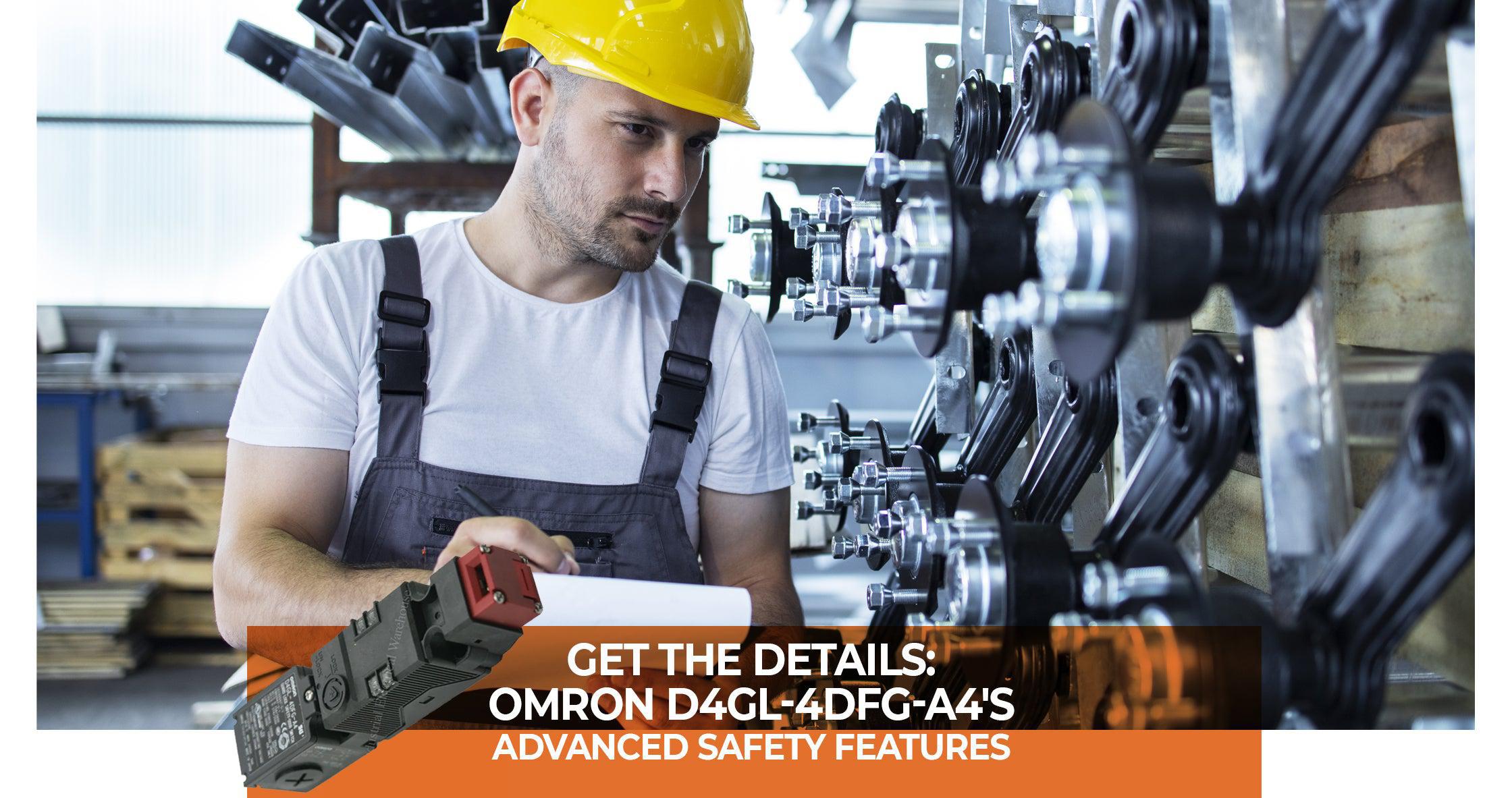 Focused technician with yellow helmet checks Omron D4GL-4DFG-A4 safety switch in industrial setting