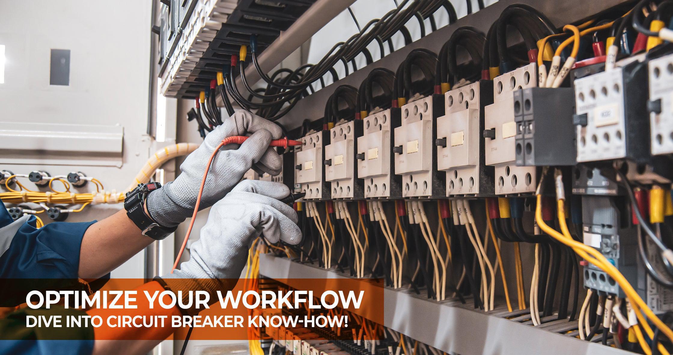 Professional electrician wearing safety gloves while using a testing instrument on a complex circuit breaker panel, illustrating the detailed process of maintaining industrial electrical systems as explained in our circuit breaker know-how blog.