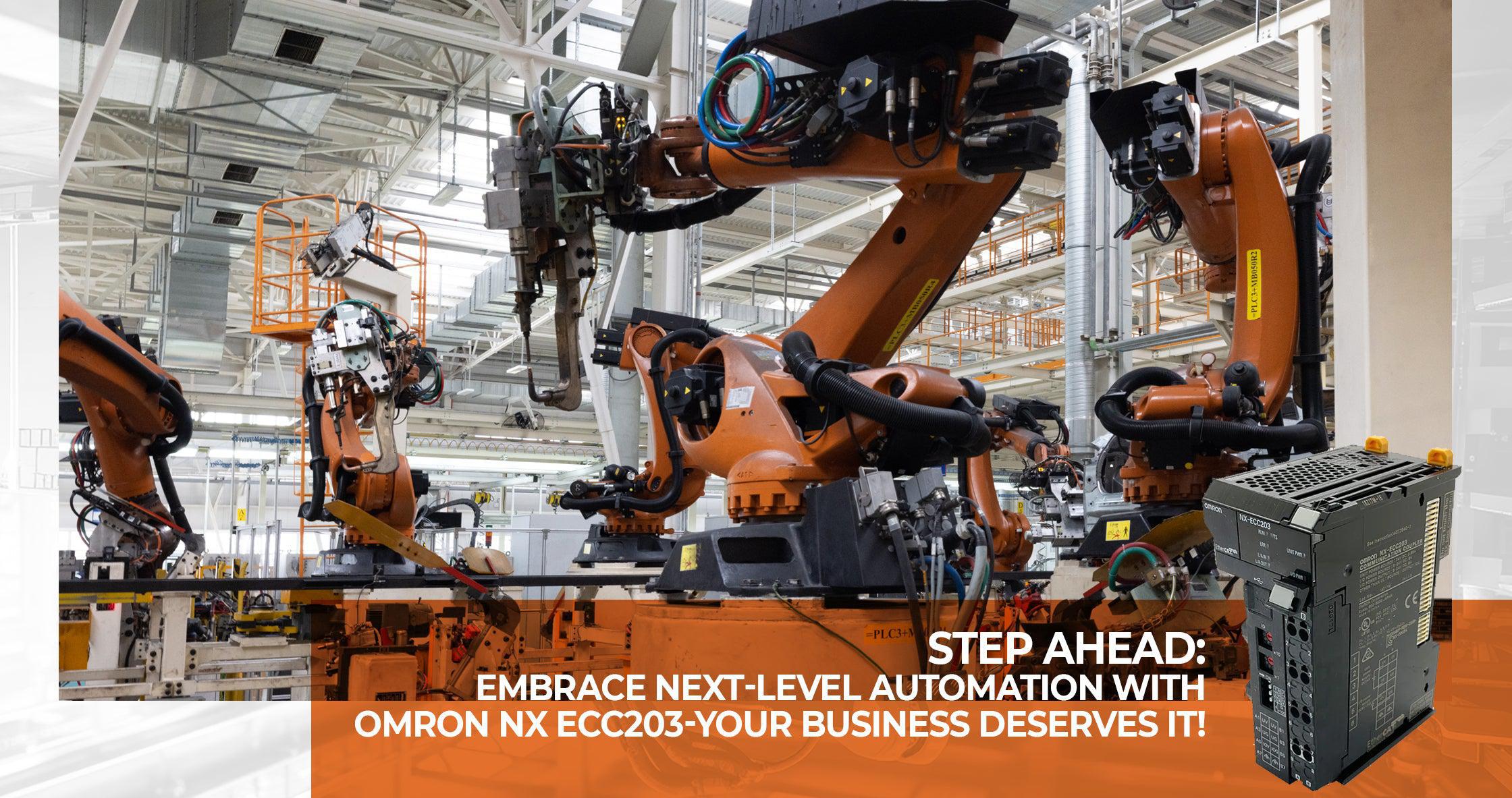 High-tech industrial robots in factory automation system powered by Omron NX ECC203 for cutting-edge manufacturing efficiency