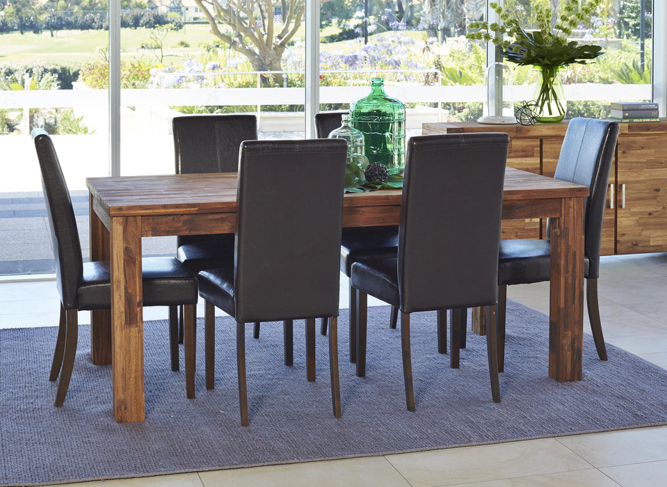 wooden dining table and leather chairs