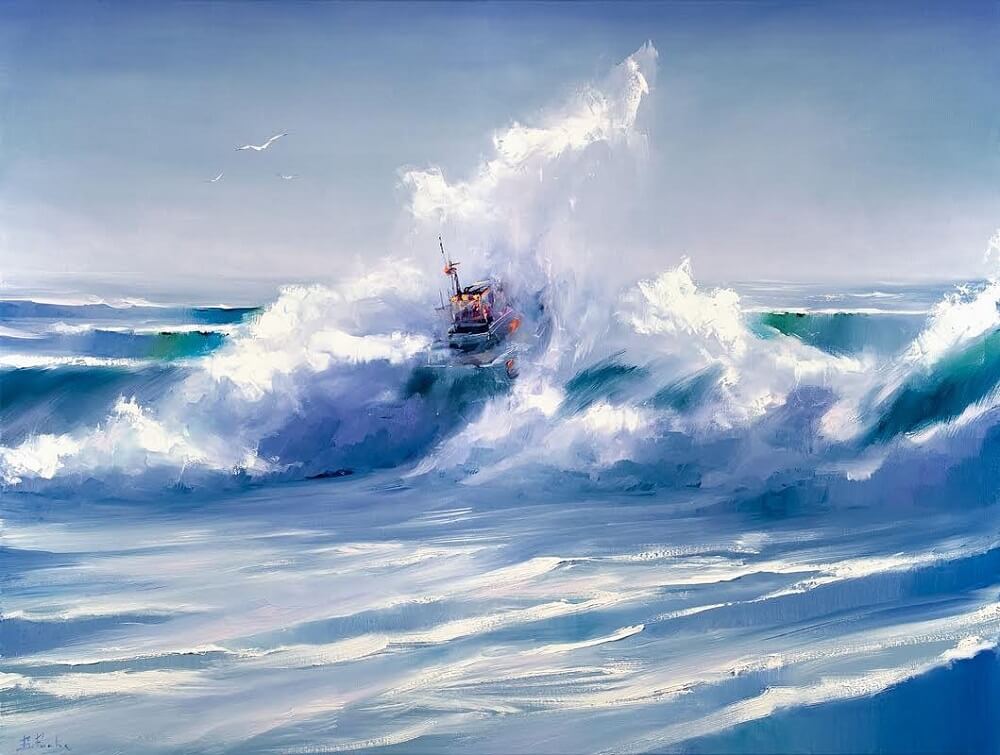 Oil paint painting of a boat crashing into waves.