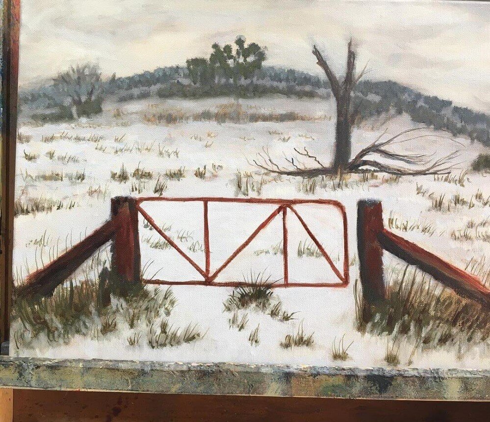 Oil painting of a gate on a rural farm.