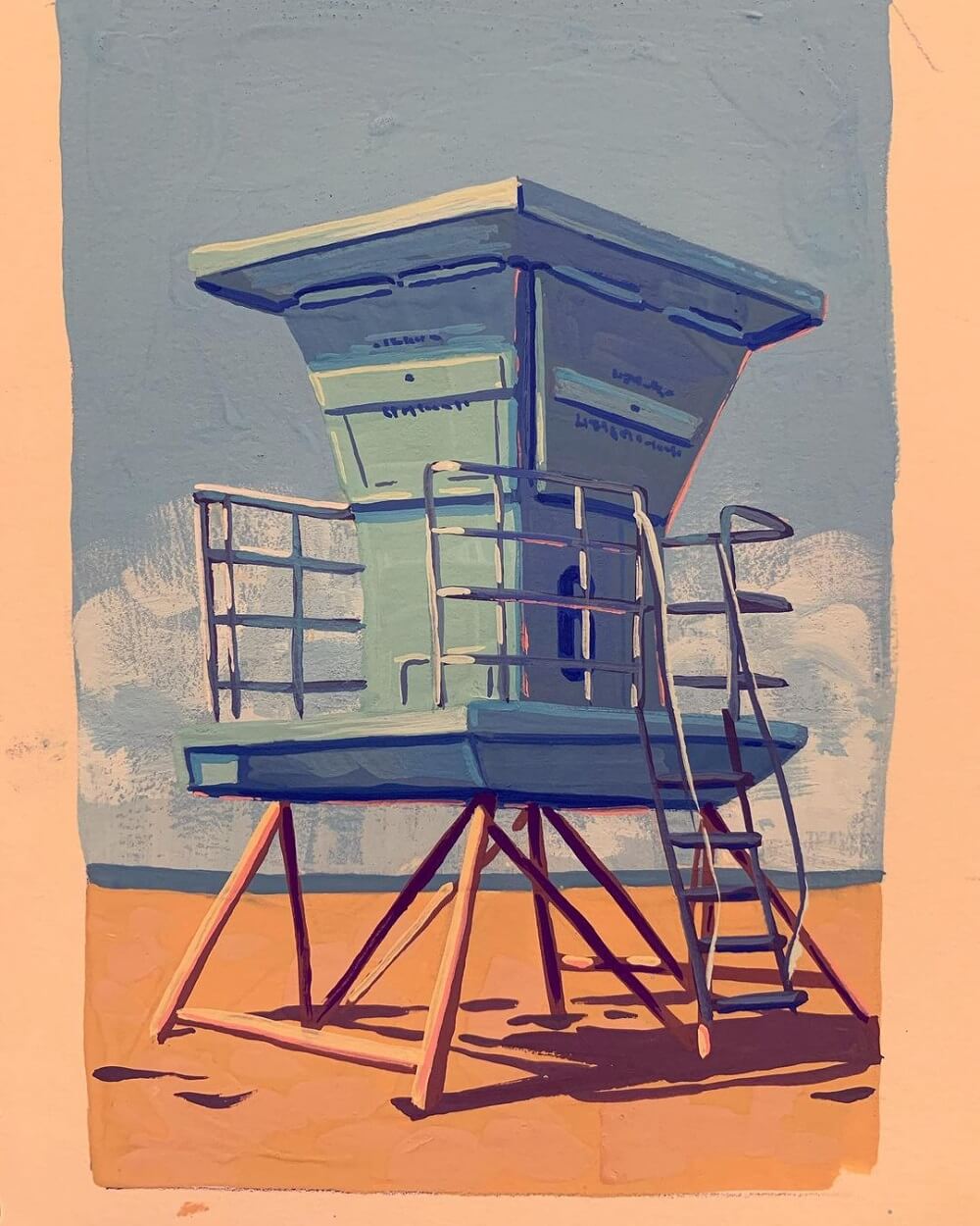 Gouache painting of a blue coloured lifesaving tower on a beach.