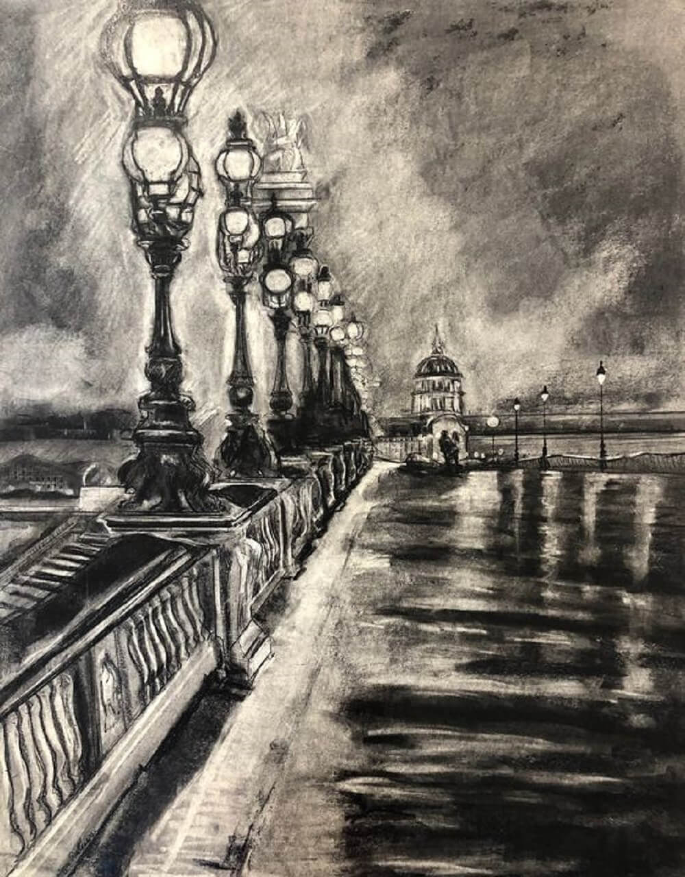 Charcoal drawing of a bridge in Paris with lights lit and a couple walking toward the end of the bridge.
