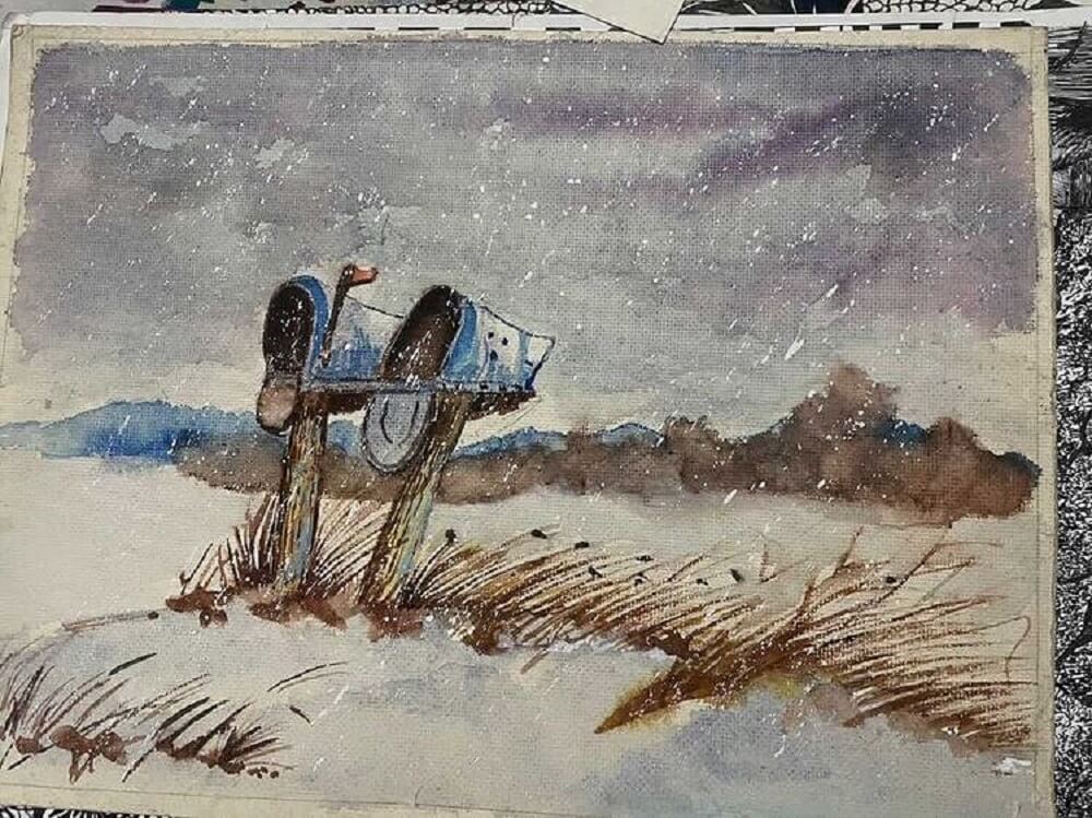 Watercolour artwork of two mailboxes in a snow storm.