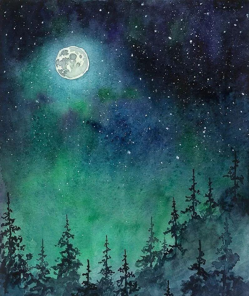 A dark sky with a full moon and pine trees painted with watercolours.