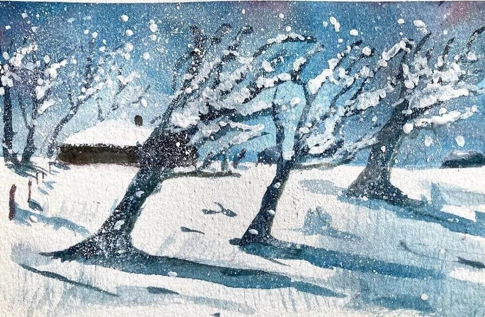 Painting of three trees in a snow storm.