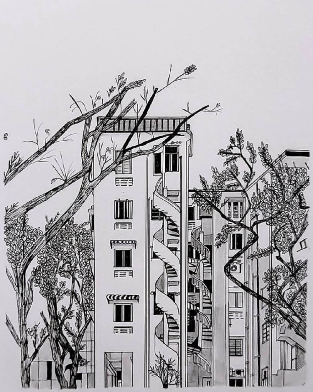 Detailed drawing of an apartment block with a spiralling staircase.