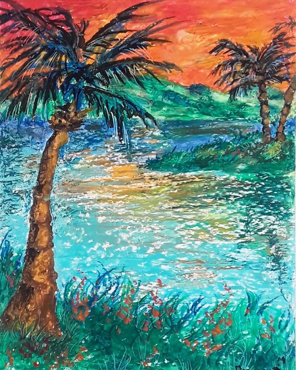 Tropical beach drawn in oil pastels with an orange sunset and sun reflecting on the sea.