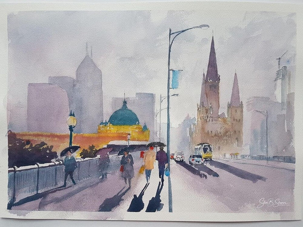 Watercolour of Melbourne city with pedestrians holding umbrellas.