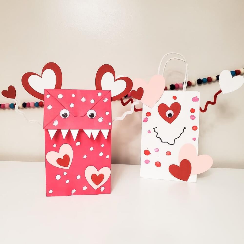 Valentine's day monster gift bag and crafted hand puppet.