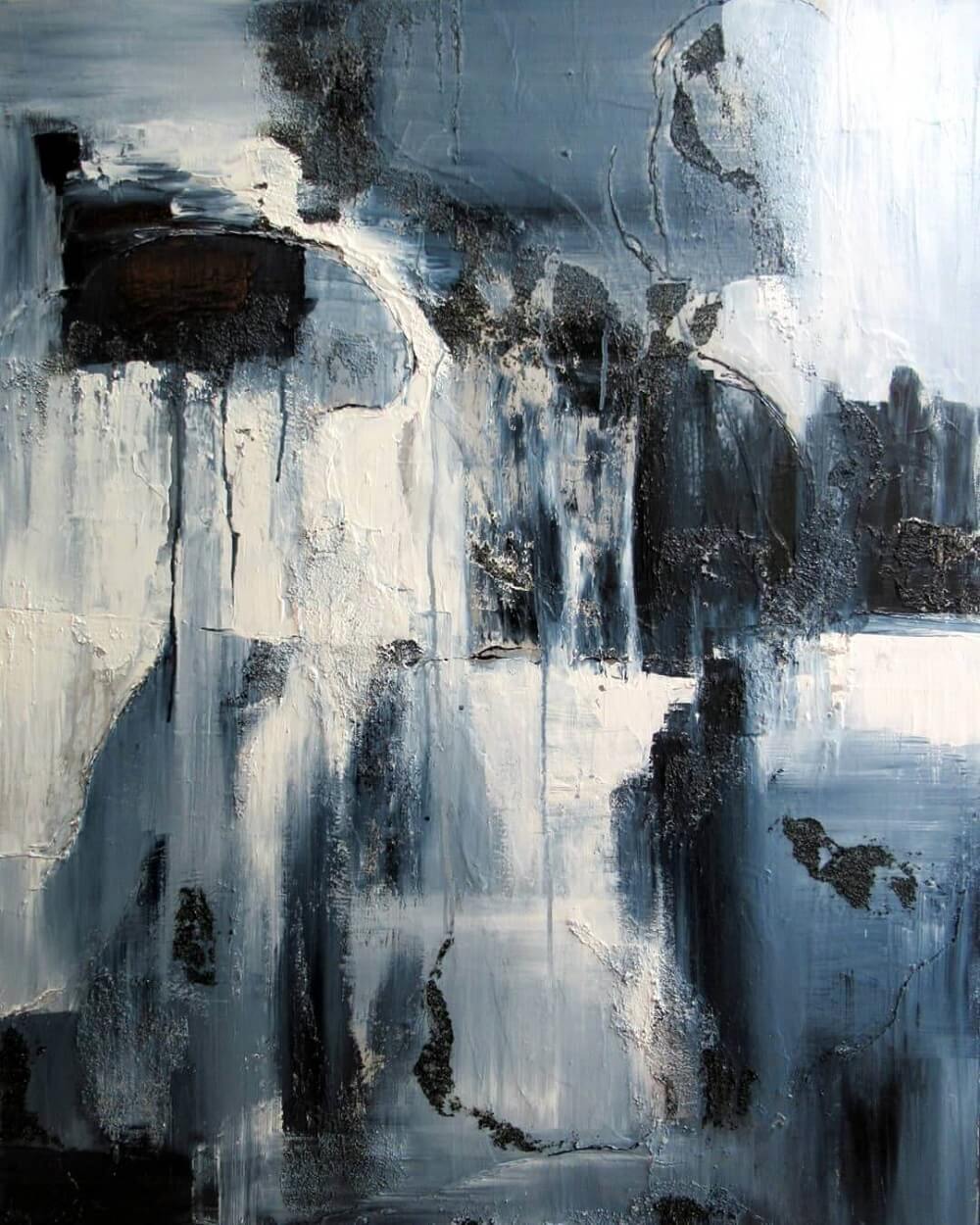 Abstract painting of white, grey and black blocks melting together.