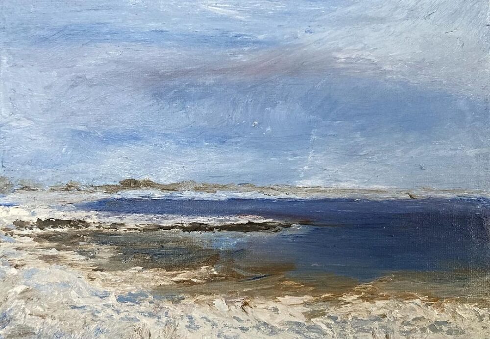 Impressionist style beach landscape painted in oils.