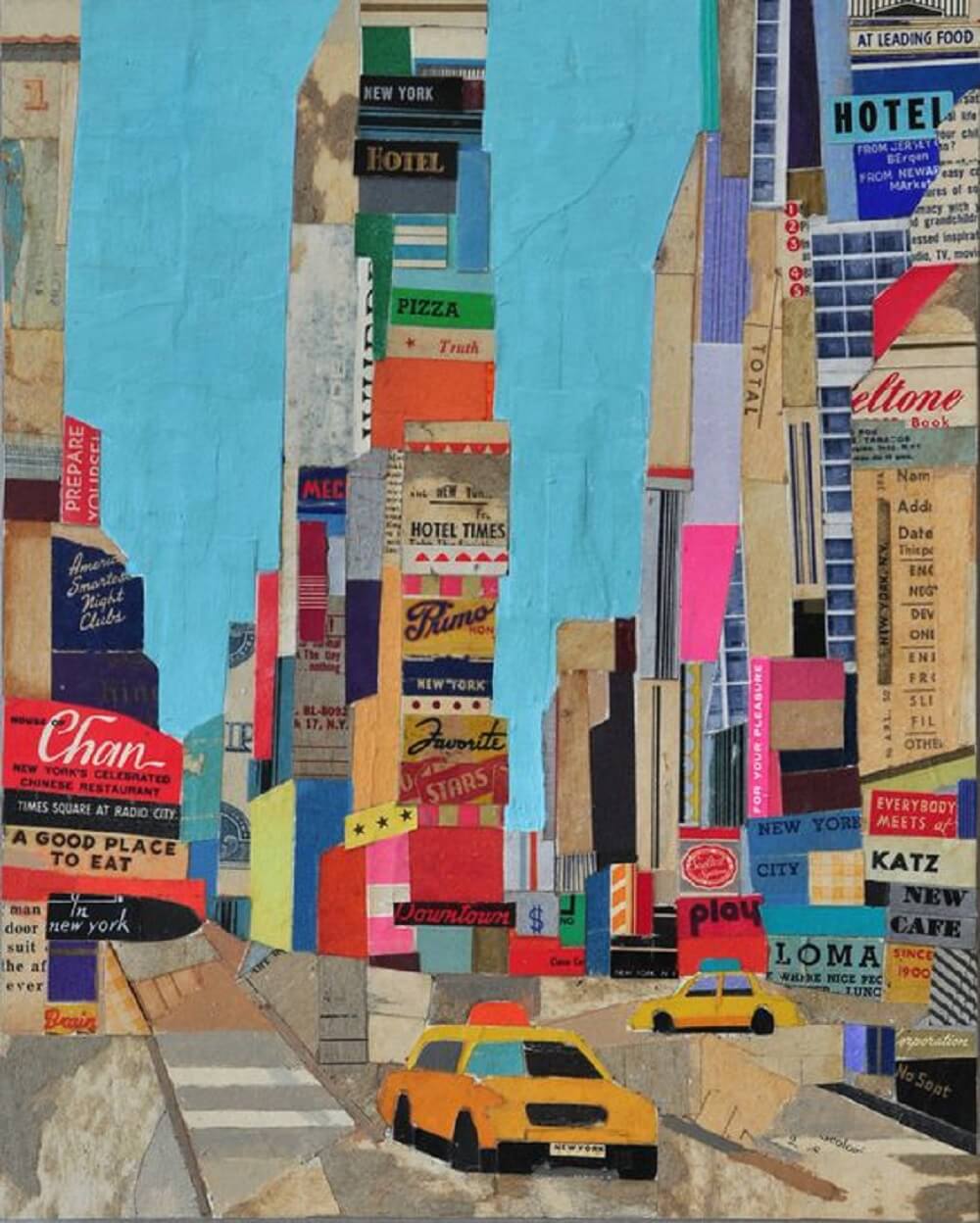 Paper collage of New York city with two taxis.