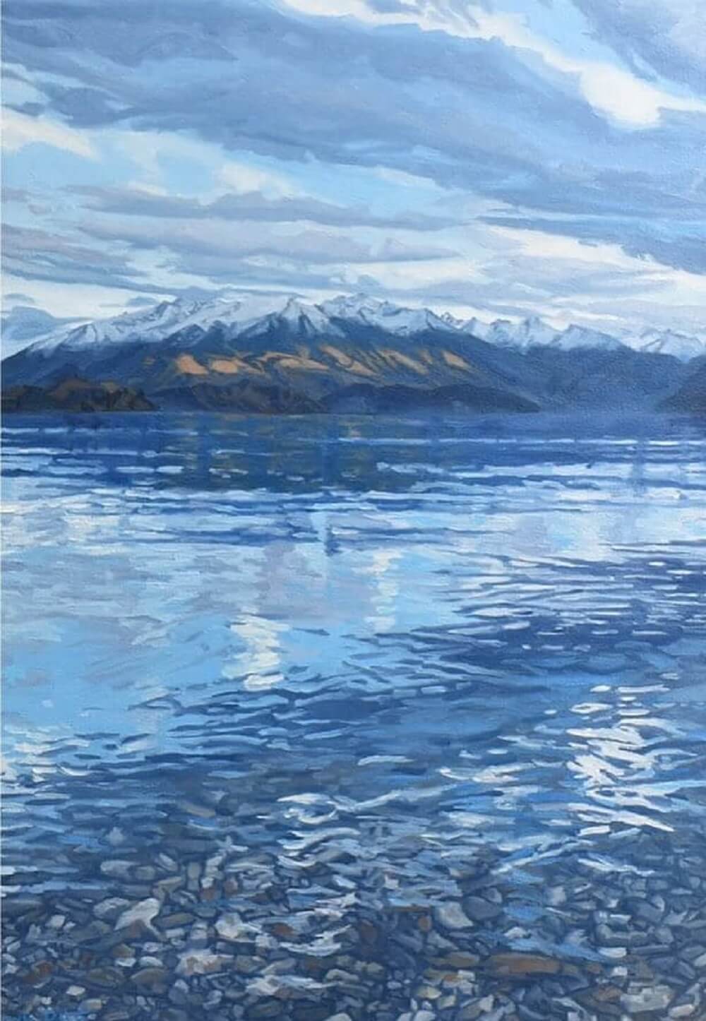 Painting of lake in NZ with mountains in background.