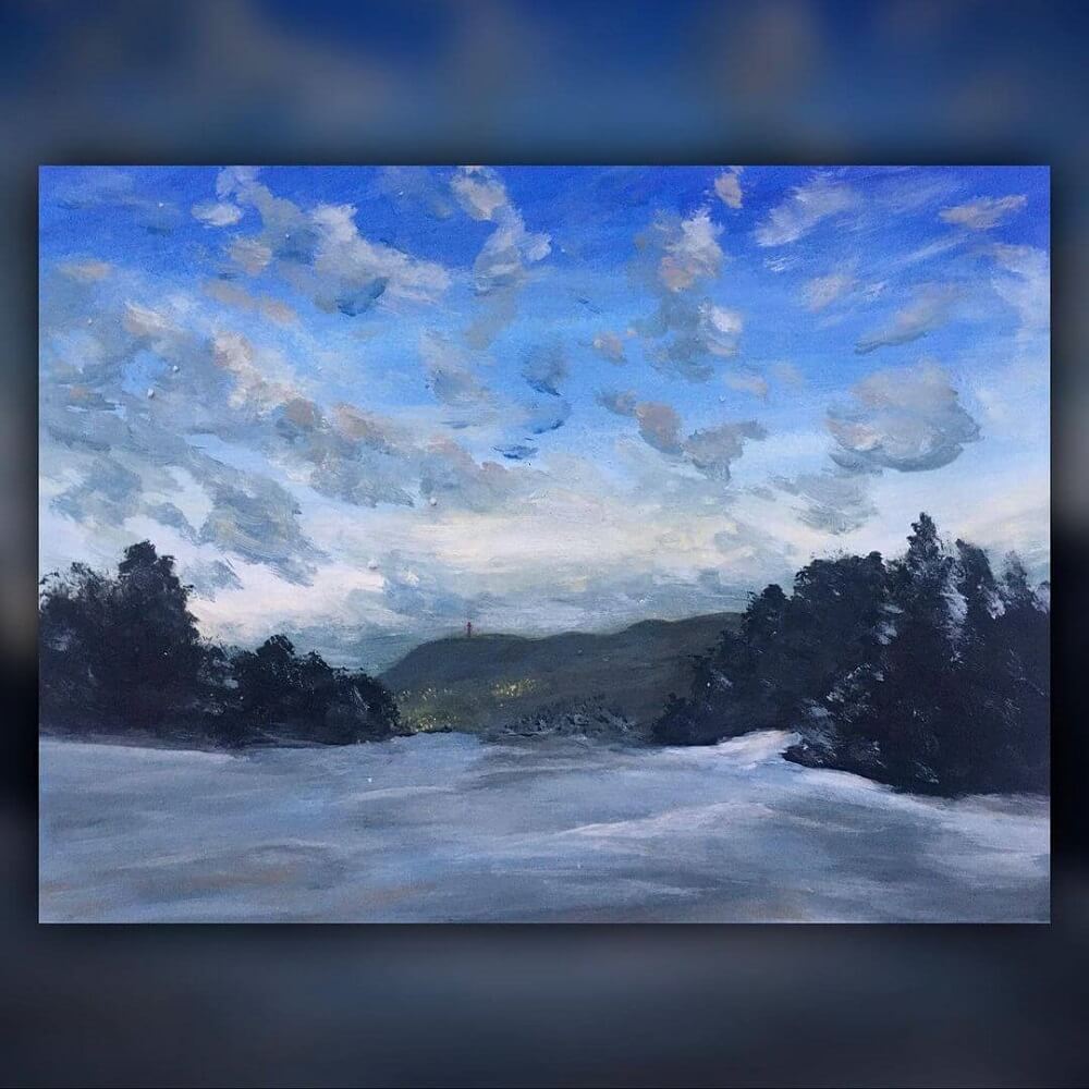 Acrylic painting of a winter day with a river.